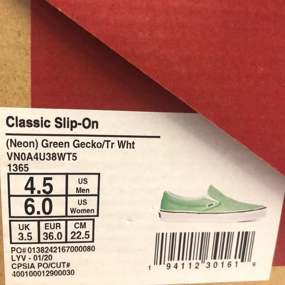 Vans Classic Slip On Neon Green Gecko/White Shoes - Picture 14 of 14